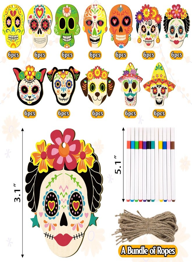 Eternity sky 72PCS Day of The Dead Wooden Craft Kit DIY Sugar Skull Dia De Los Muertos Halloween Hanging Decor with Coloring Pen Rope - Image 3